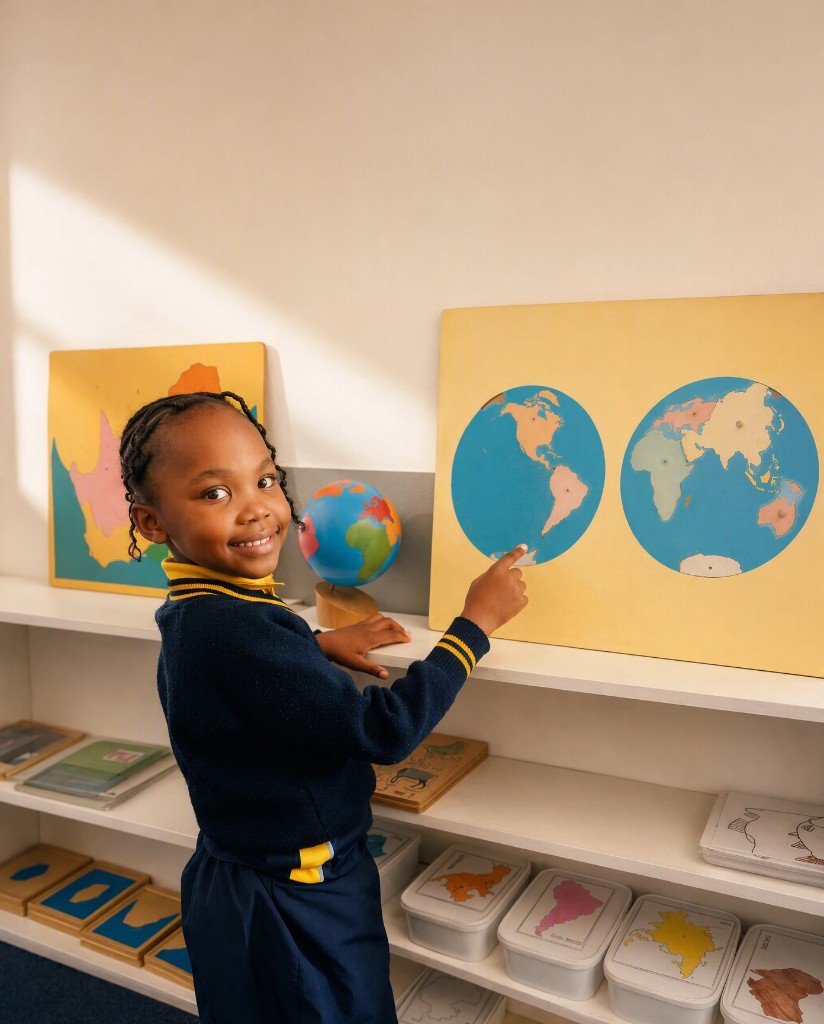 A young Addnum ECD learner in uniform pointing to a wooden world-map puzzle beside classroom shelves