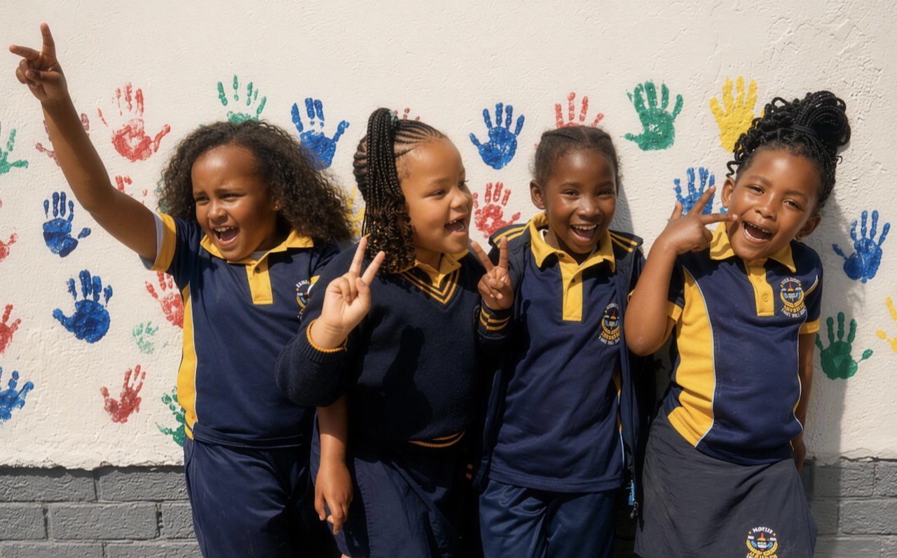 Four Addnum ECD learners in navy and yellow uniforms smiling together in front of a colourful handprint wall