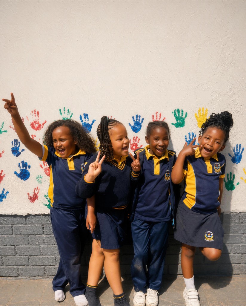 Four Addnum ECD learners in navy and yellow uniforms laughing together in front of a colourful handprint wall