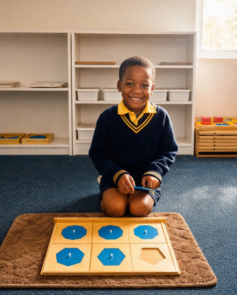 A young Addnum ECD learner in navy and yellow uniform smiling while completing a wooden shape puzzle