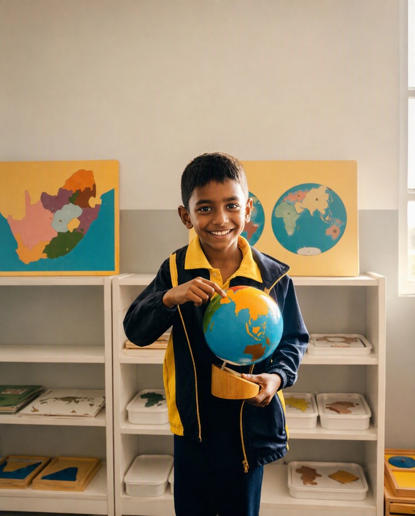 A smiling Addnum ECD learner in uniform holding a globe in a classroom with a map of South Africa behind him